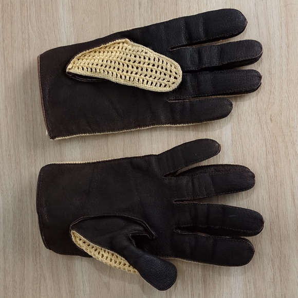 Cream and Brown Crochet & Leather Gloves L/XL Vintage - Picture 3 of 6